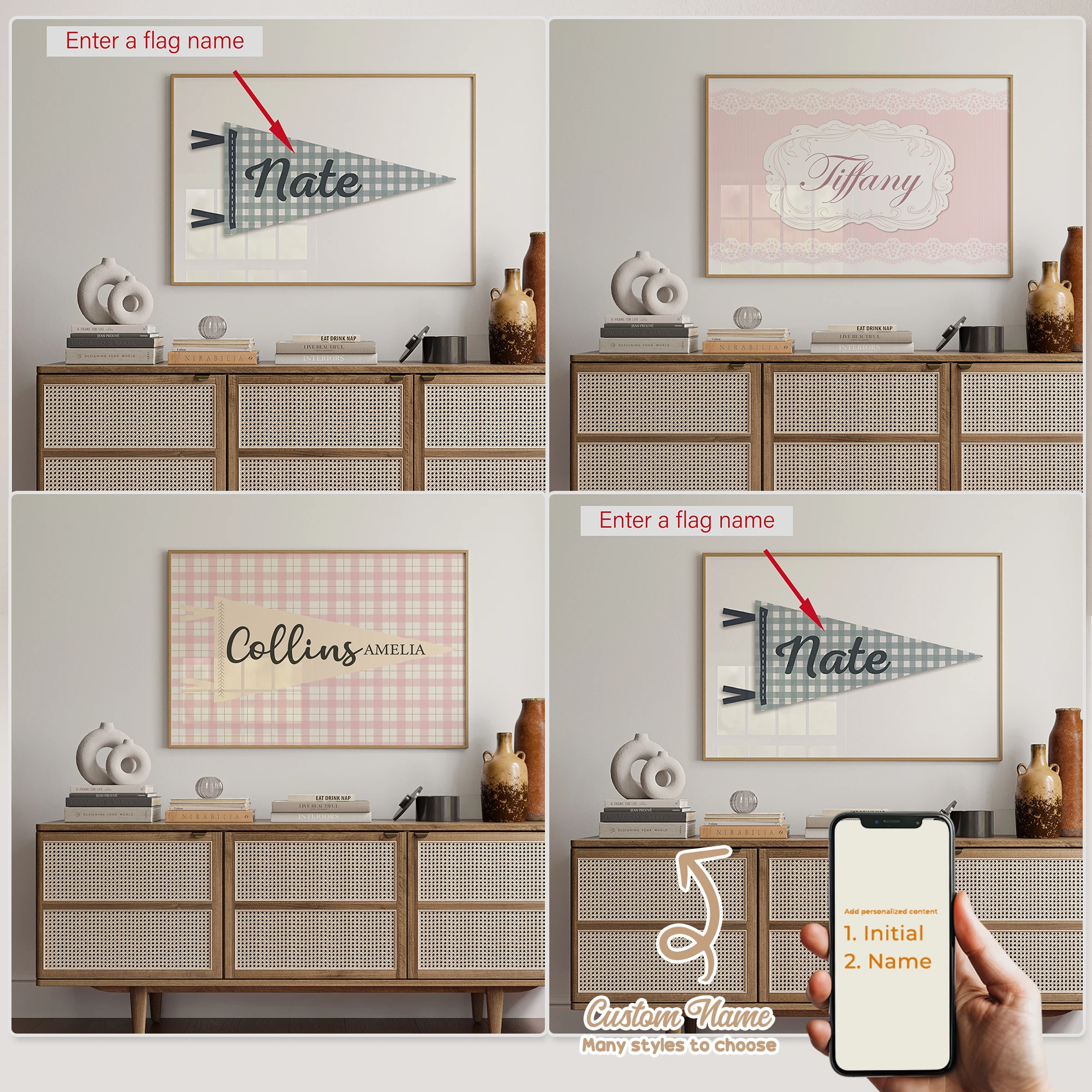 Personalisierter individueller Name, rosa und weiße Gitterflagge, Wandkunstdruck, Bild, Leinwand, Poster, Gemälde für Wohnzimmer, Heimdekoration