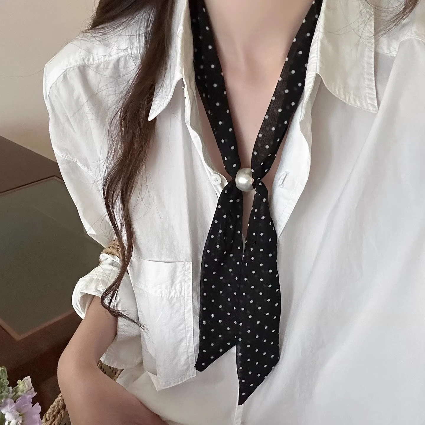 

Polka Dot Beaded Silk Scarf for Women Korean Fashion Work Neckerchief Silk Scarves Ladies Headbands Hair Scarf Neck Tie Headwear