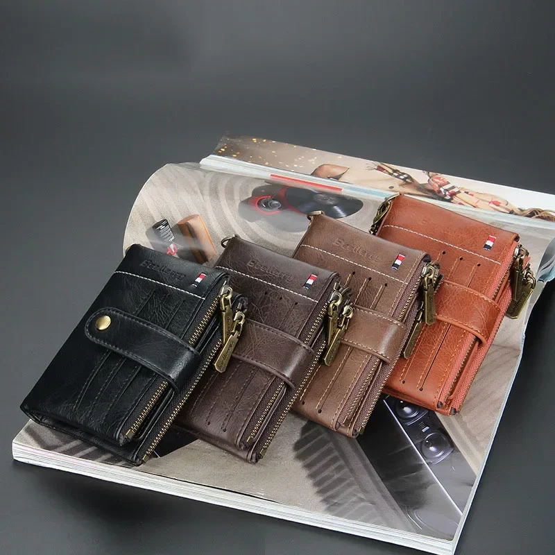 Men Coin Purse Wallet RFID Blocking Man PU Leather Purse Zipper Business Card Holder Money Bag Male Vintage CHAINS Bifold Wallet