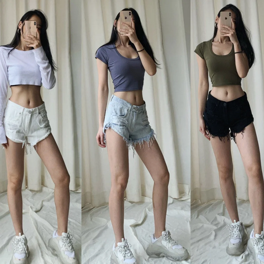 Retro Baddie Style Tassel Raw Edge Low Waist Denim Shorts For Women Fashion Casual Daily Versatile Ripped Ultra Short hot Pants