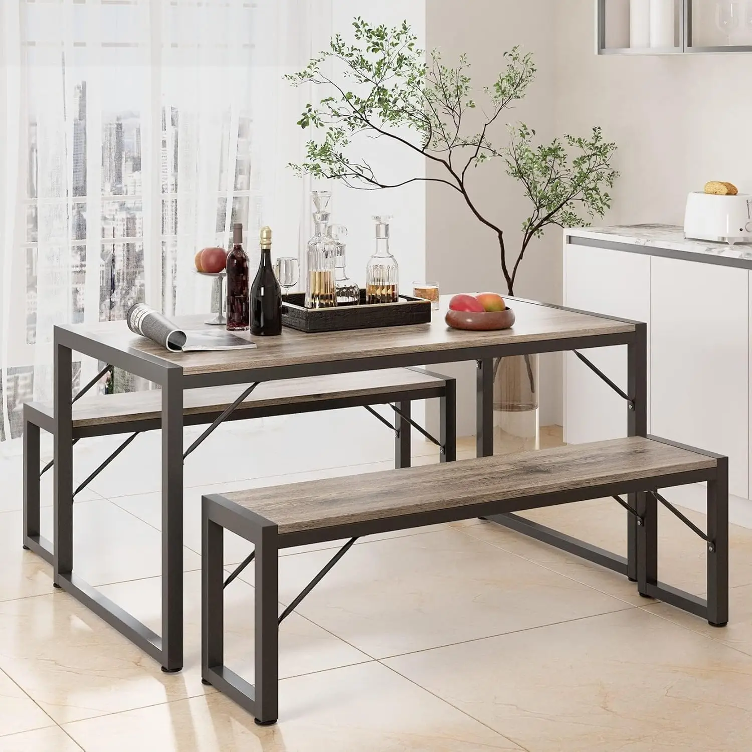 Juego de mesa de comedor de 45,5 pulgadas para 4, juego de mesa de cocina con 2 bancos, juego de mesa de comedor con estructura de metal y tablero de MDF, gris