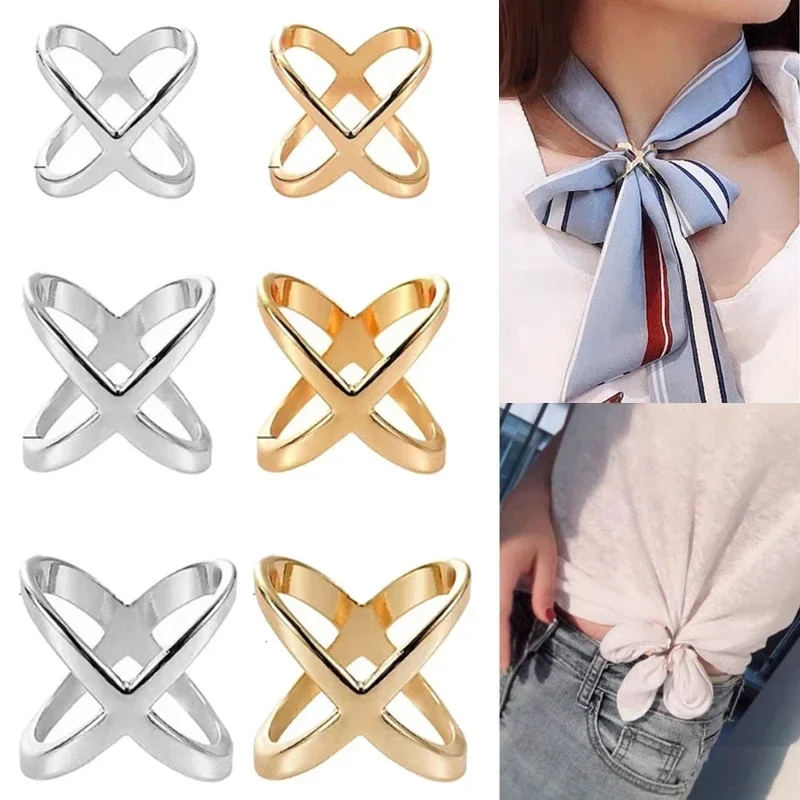 Fashion Cross Scarf Clip X Shape Metal Brooches For Women Hollow Shawl Buckle Ring Clips Jewelry Clothing Accessories Decor