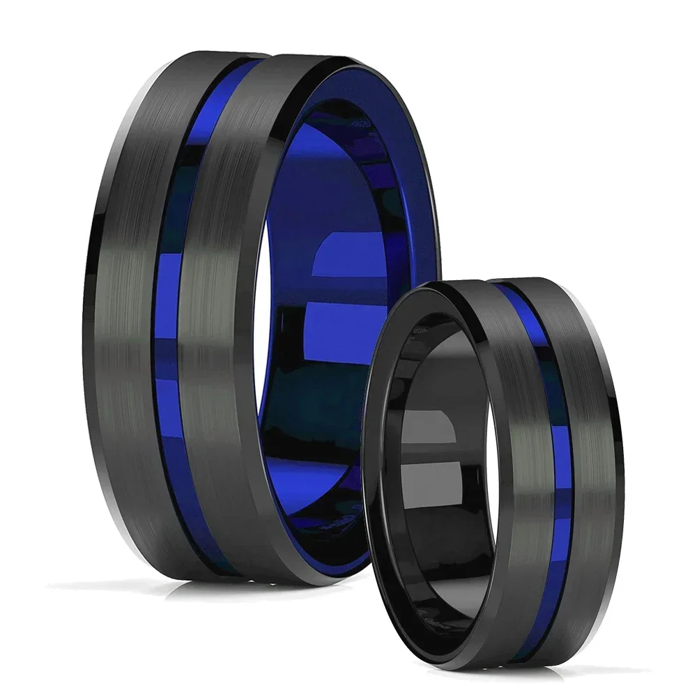 Fashion 8mm Blue Groove Beveled Edge Black Tungsten Wedding Ring For Men Black Brushed Steel Engagement Ring Men's Wedding Band