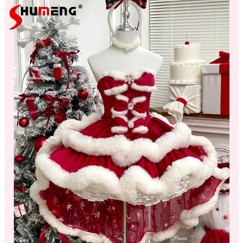 

Christmas Sweet Lolita Red Plush Dresses Winter 2025 Women's Slim Fit Elegant Tube Top Dress Princess Birthday Party Puffy Dress
