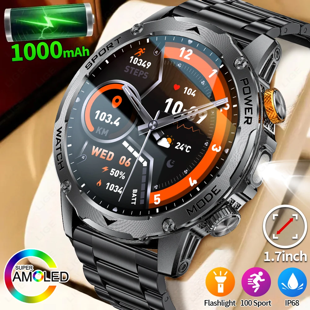 LIGE montre intelligente militaire hommes 1000mAh batterie extérieur lampe de poche LED étanche fréquence cardiaque Sport BT appel 1.7 "AMOLED Smartwatch