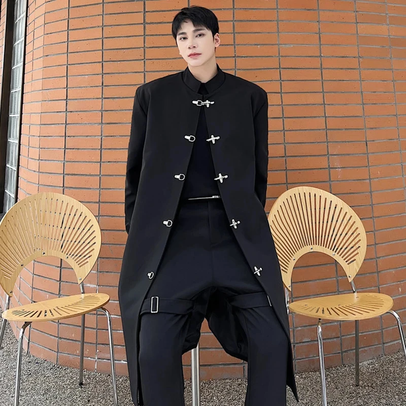 LUZHEN Elegant Knee-length Long Windbreaker Coat Trendy Men's Stand Collar Stylish Metal Buckle Trench Street Outerwear LZ5228