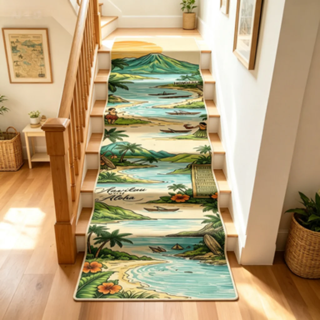 Summer Tropical Fruit Floral Self-adhesive Long Stair Runner Mat, Non-slip Quiet Stair Step Protector.