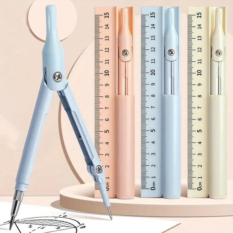 3 in 1 Compass Geometry Set with Ruler Pencil Kawaii Multifunctional Drawing Compass Math Geometry Tool Office School Supply