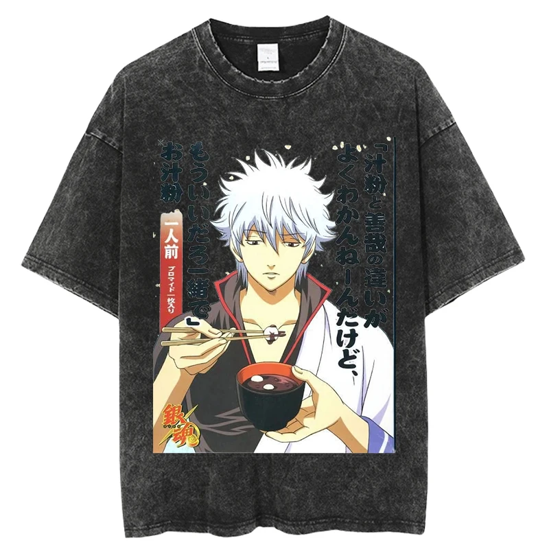 Japanese Anime Gintama T-shirt Sakata Gintoki Graphic Vintage Washed Oversized T Shirt Men's Clothing Cotton Short Sleeve Tees