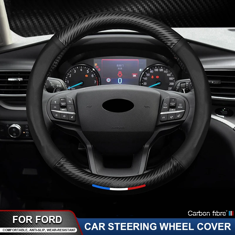 

For Ford Focus F150 Mondeo Fiesta Kuga Ecosport Explorer Escape Fusion Carbon Fiber Leather Car Steering Wheel Cover Accessories