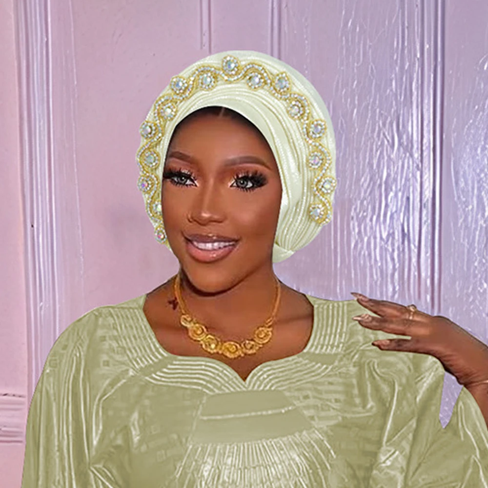 Topi Sorban Berlian Mewah untuk Wanita Nigeria Pernikahan Geles Topi Baja Pesta Turbante Mujer Afrika Auto Gele Headtie Head Wraps