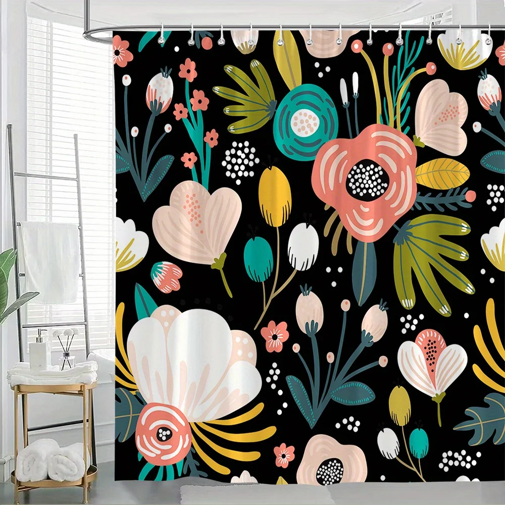 

1pc Bold Peonies Floral Shower Curtain - Pink Peach Coral Teal Flowers on Black, Intricate Whimsical Design, 70.8x70.8 Inch with