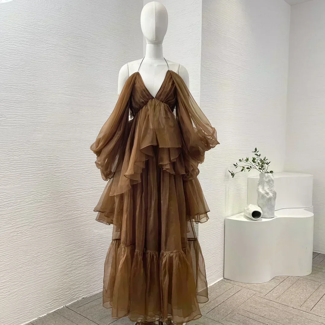 

2024 Coffee Brown Color High Quality Halter Asymmetrical Ruched Backless Blouse Tops and Midi Pleats Midi Skirt Sets for Women