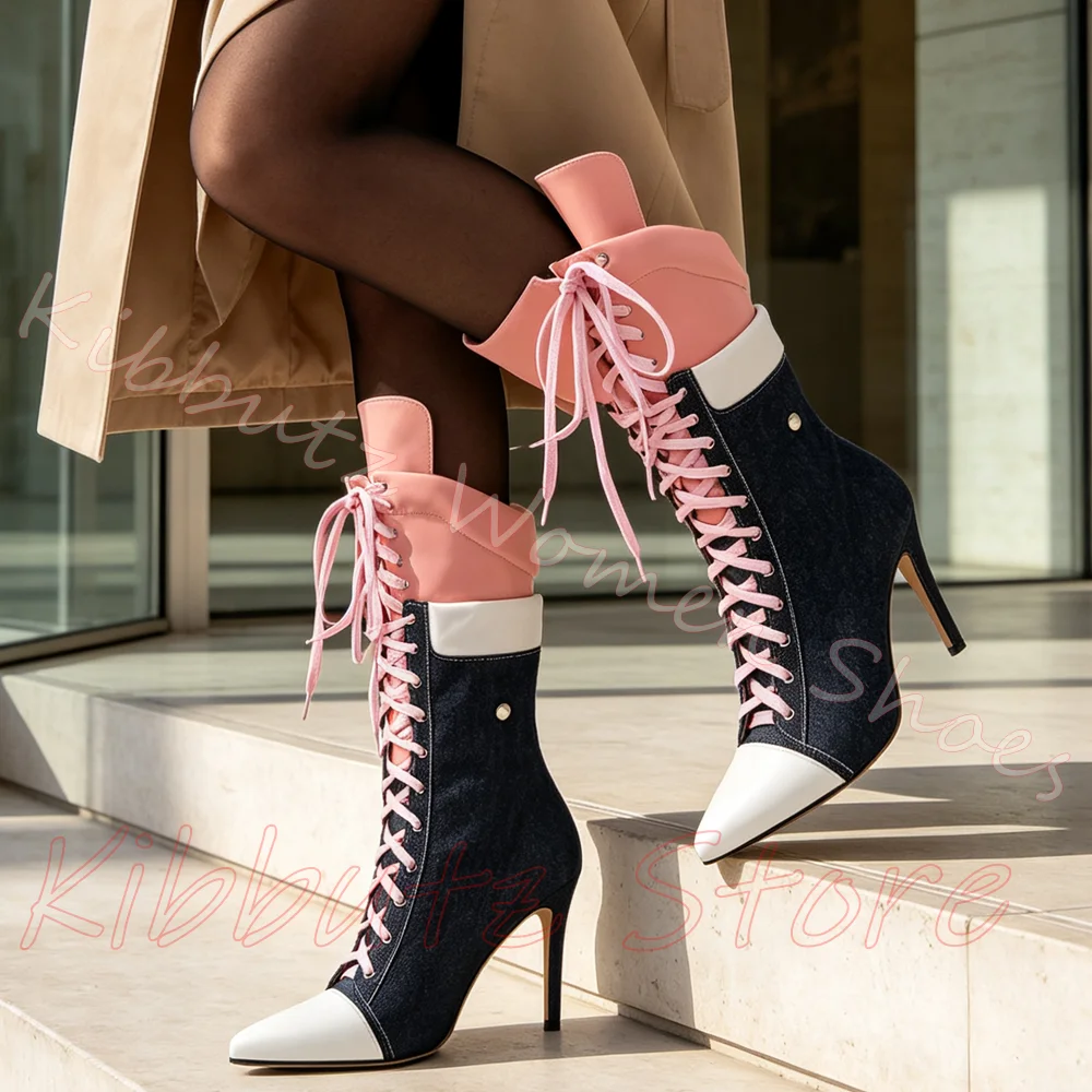 Knee High Lace Up Boot Pointed Toe Denim Leather Stiletto Heel Foldable Shaft Goth Punk Footwear Street Party Outfit Mixed Color