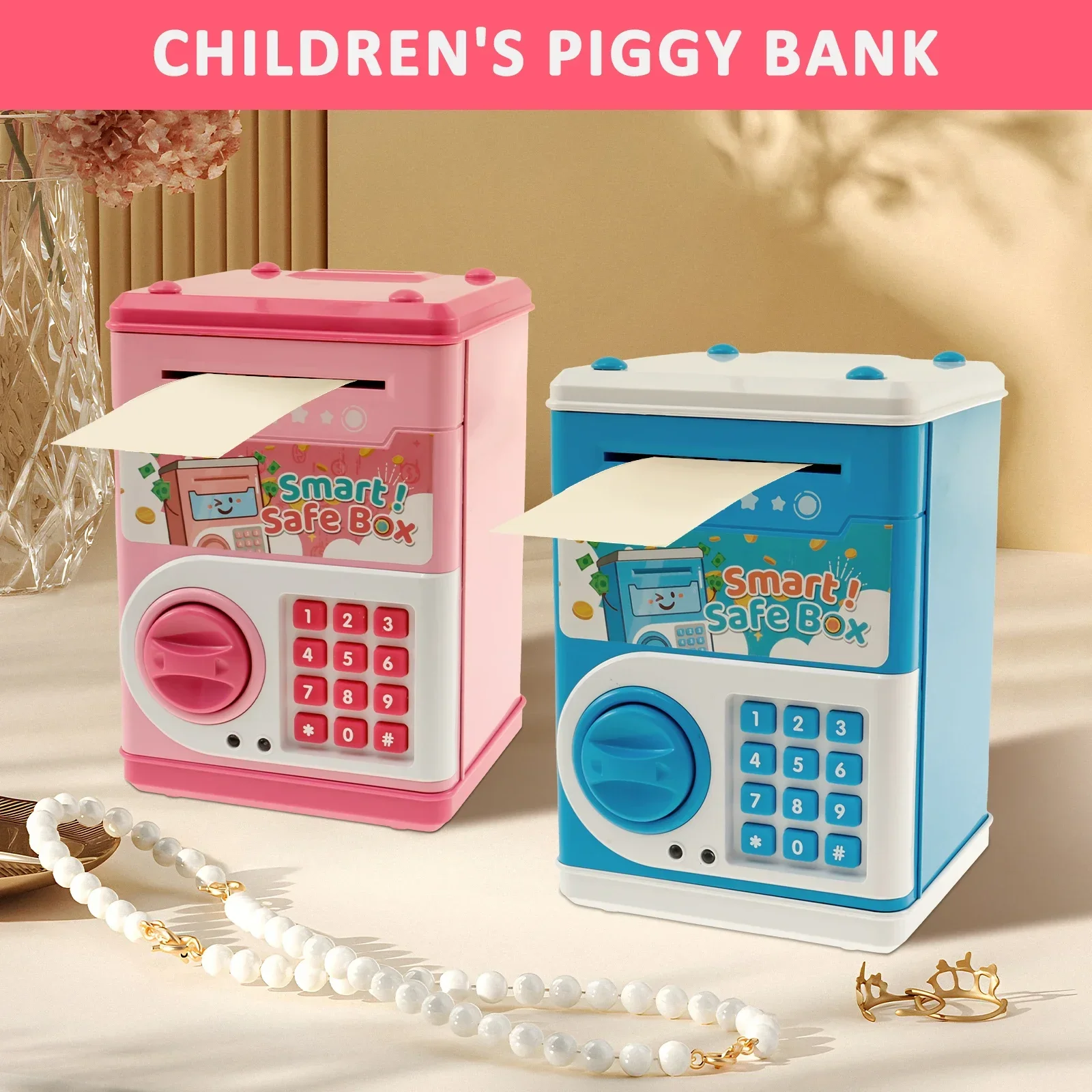 كلمة المرور الإلكترونية Piggy Bank التلقائي التعريفي لفة الأوراق النقدية محاكاة ماكينة الصراف الآلي للأطفال اللعب منزل اللعب توفير المال صندوق العملات المعدنية