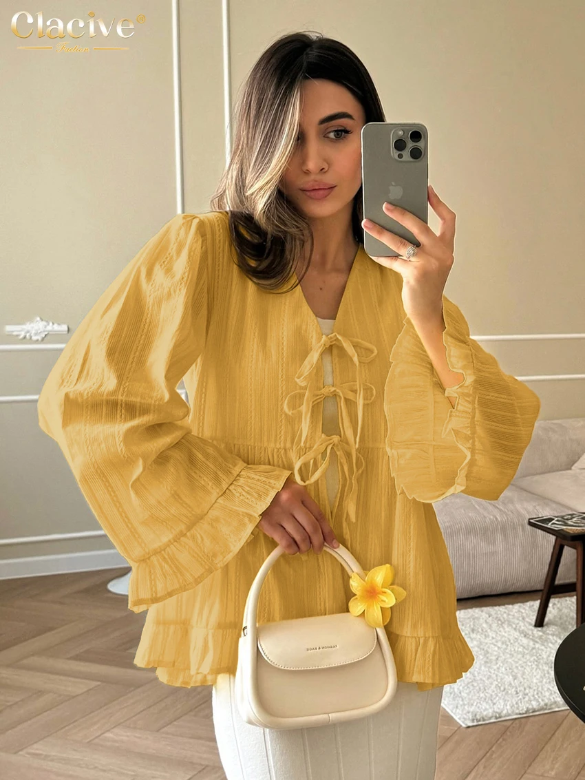 

Clacive Fashion Loose Yellow Women's Shirt 2025 Sexy V-Neck Long Sleeve Shirts Elegant Classic Lace-Up Top Female Clothing