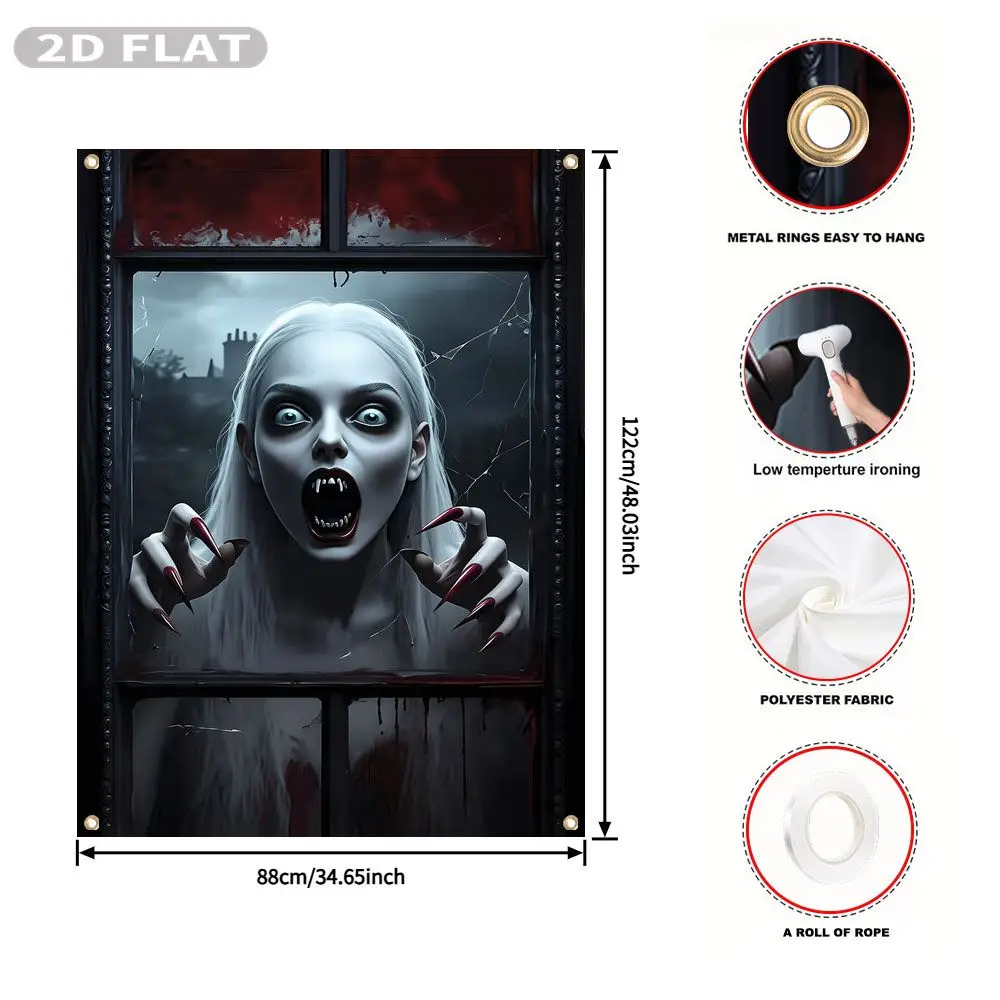 2D FLAT 1pc Party Banner, Halloween Window Cover with Scary Vampire Woman Pressing Against Window Glass,122x88cm, Polyester