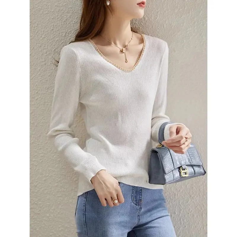 Women\'s Clothing Spring Autumn Solid Color Pullover Long Sleeve Round Neck Screw Thread Sweater Knitted Casual Fashion Tops