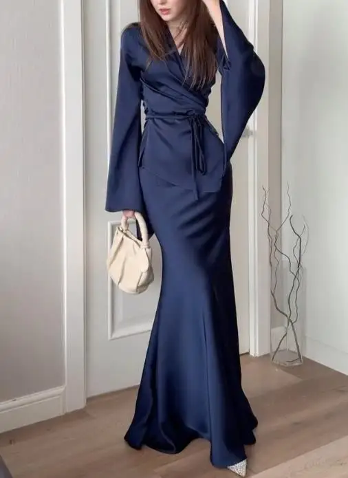 

Two Piece Set Women Outfit 2025 Spring Autumn New Lace Up Waist Long Sleeved V-Neck Top & High Waist Slim Long Skirt Set