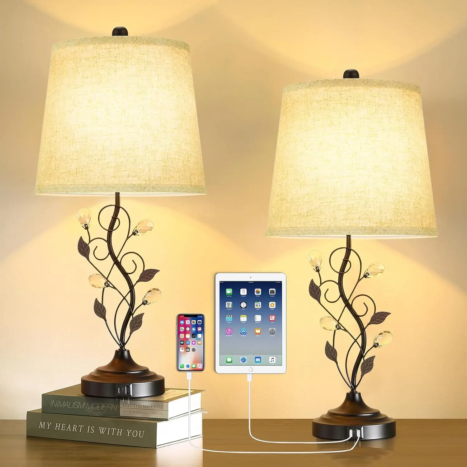 

Набор из 2 настольных ламп в стиле фермерского дома, 24,5 дюйма, с USB-портами для зарядки, кремовым тканевым абажуром, отделкой из рустик-металла и хрусталя, для спальни