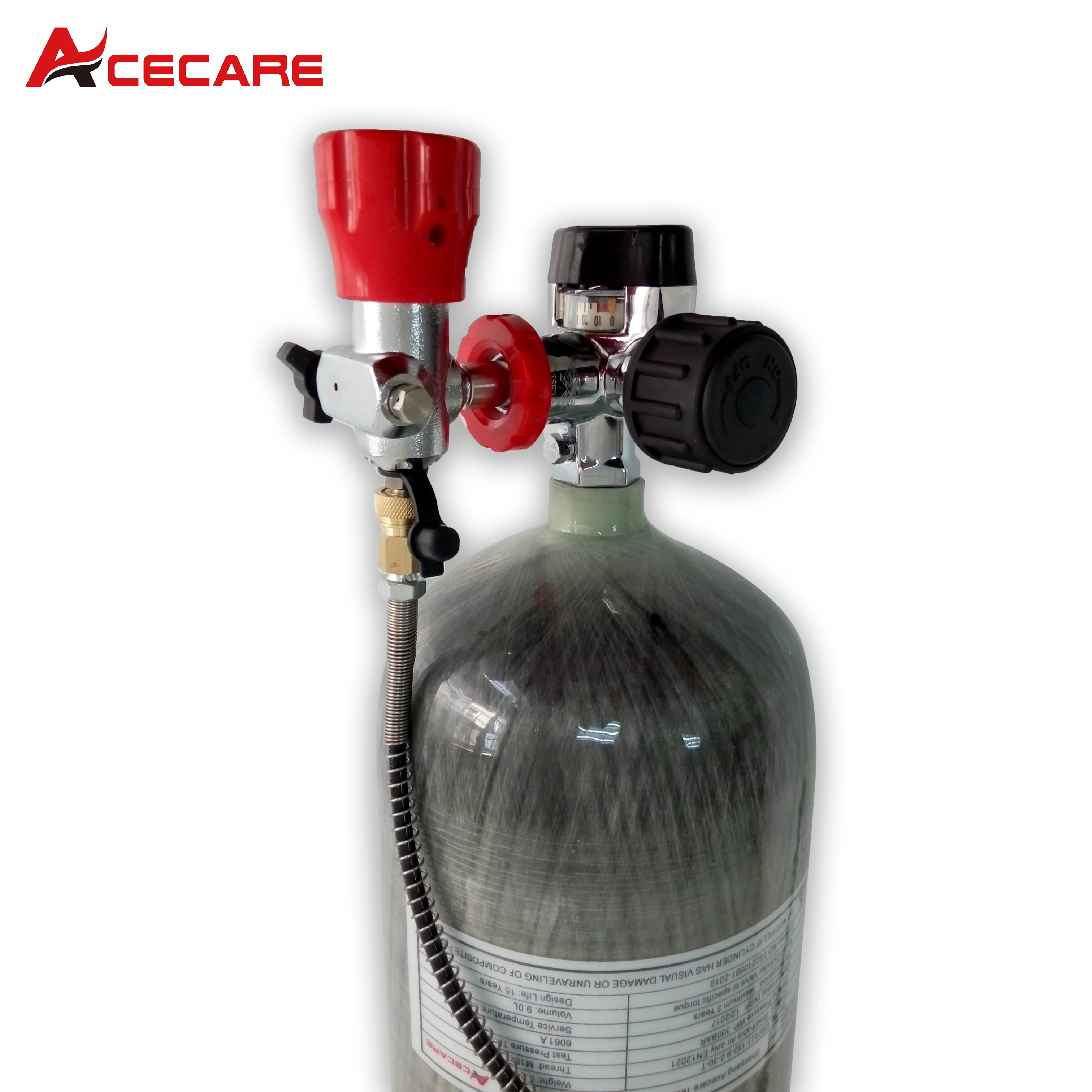 Acecare-HPA Cilindro De Gás De Fibra De Carbono, Tanque De Ar Comprimido com Válvula de Arquivo, 9L, CE, 300Bar, 4500psi, para Mergulho