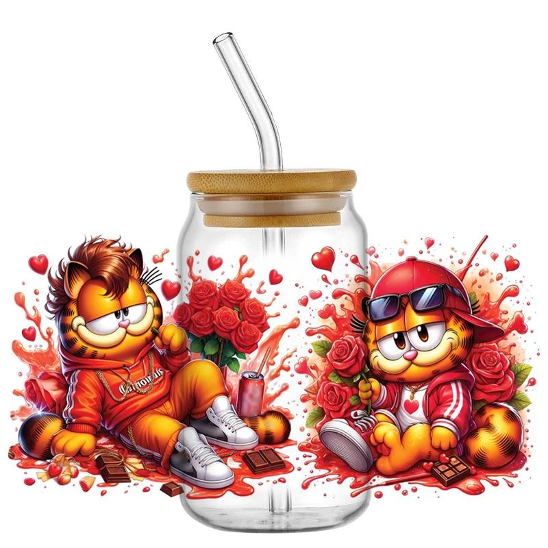 Retro Cartoon Orange Tabby Cat 16oz UV DTF Cup Wrap Libbey Glass Beer Can tumbler Transfer Sticker Waterproof Permanent Adhesive