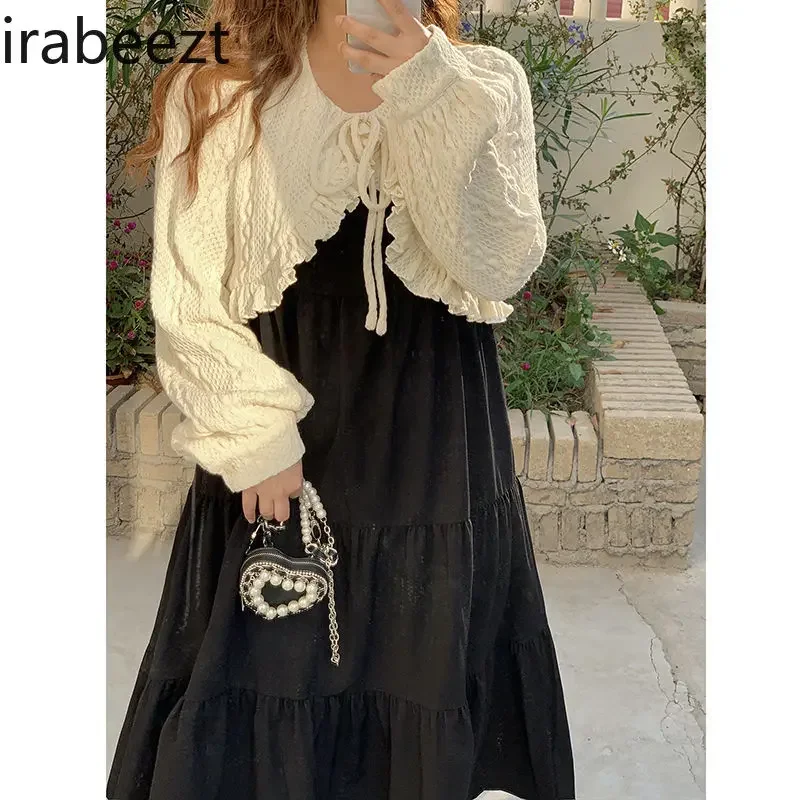 Gentle Large Size Set Women's Twisted Flower Shawl Sweater Halter Black Dress Two-piece Set Ensemble Femme 2 Pièces