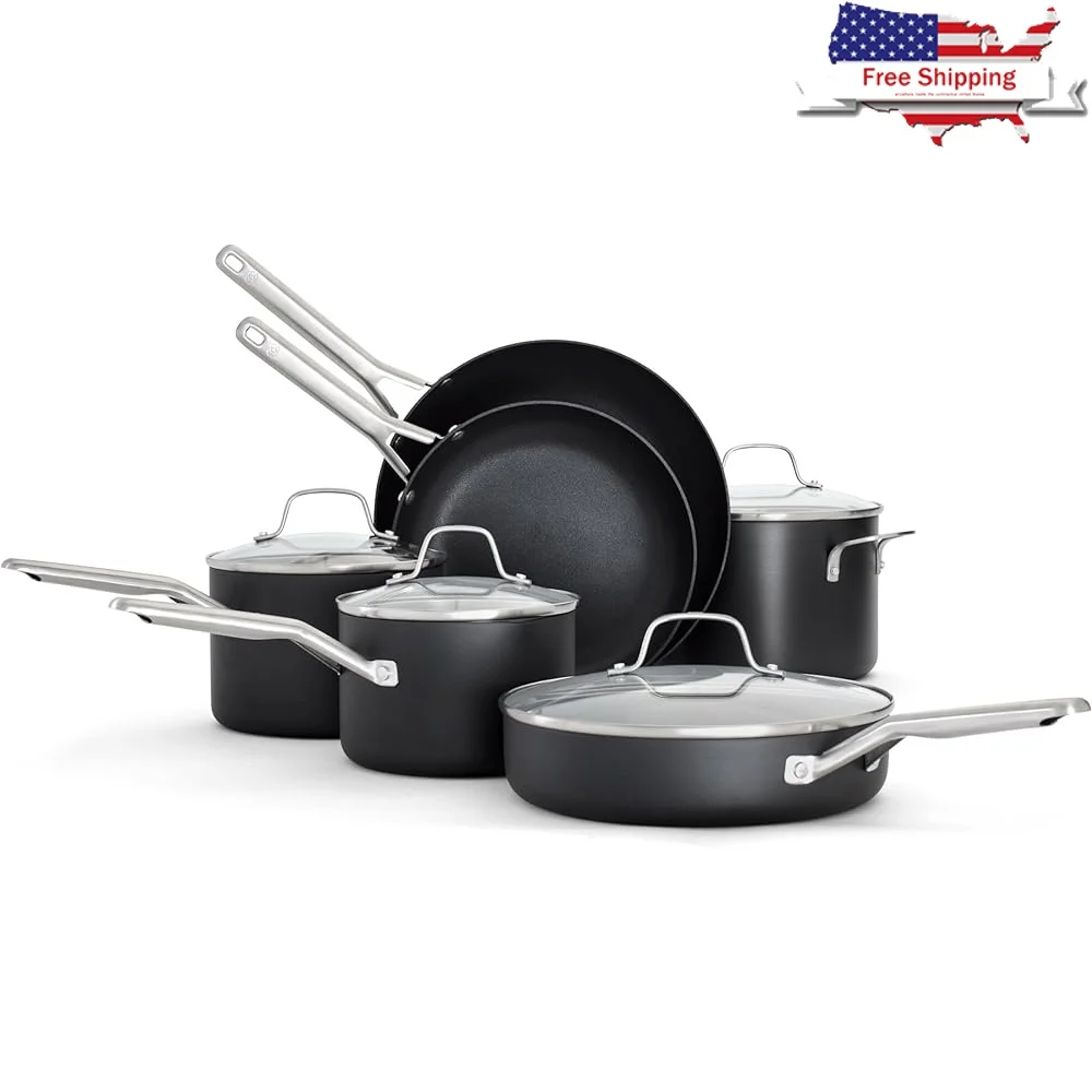 

Hard Anodized Nonstick Cookware Set 10 Piece Dishwasher Safe Aluminum Sauté Pan Tempered Glass Lid Stay Cool Handles Oven Safe