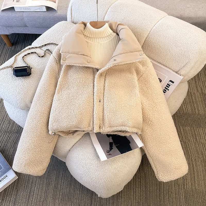 سترة شتوية للنساء على الوجهين بلون سادة وطية صدر السترة من صوف الضأن الصناعي معطف أمريكي غير رسمي أنيق عالي الشارع سميك