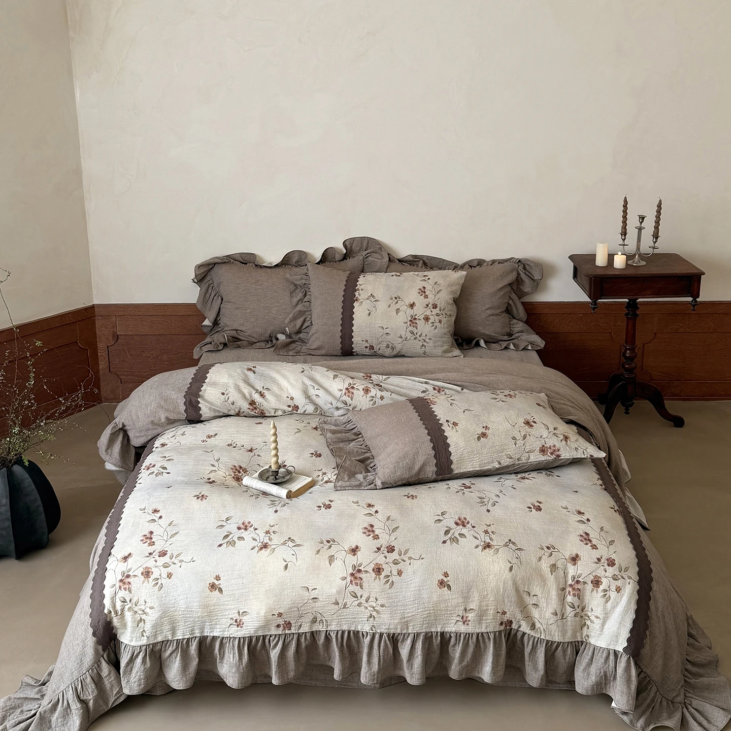 Natural Linen Cotton Double-layered Yarn Soft Bedding Set Floral Print Ruffles Duvet Cover Flat/Fitted Bed Sheet Pillowcase 4Pcs