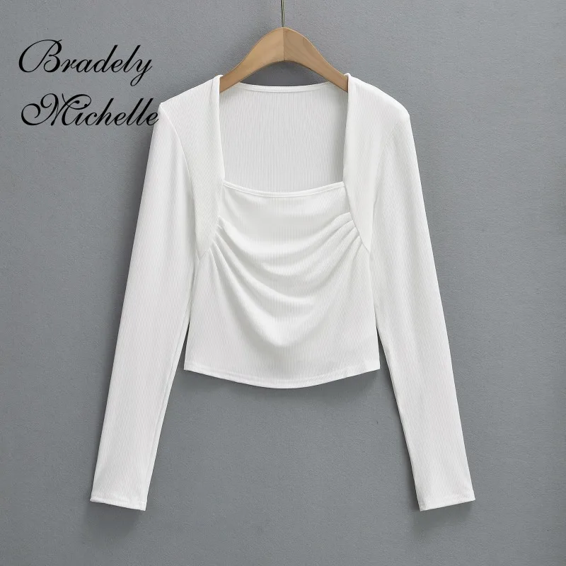 Square Collar Chest Pleat Solid Color Spring Women Long Sleeve Tops Sexy Pullover Solid Bottoming Blouses T-shirt