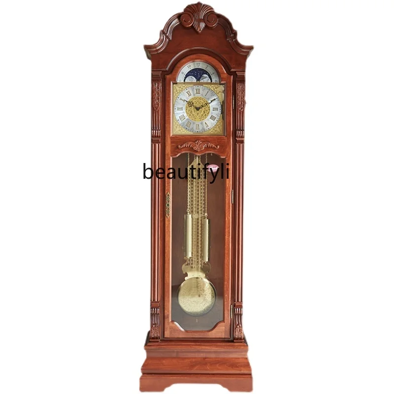 

European Style Mechanical Floor Clock Living Room Vertical Clock Chinese Retro American Pendulum Clock Solid Wood