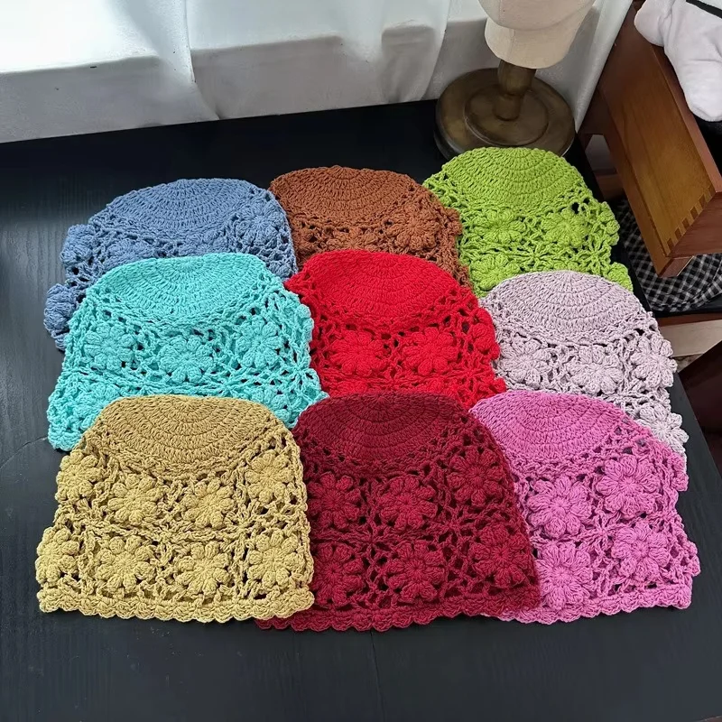 

Korean Version of The New Dopamine Solid Color Hand-woven Flower Cut-out Pullover Cold Hat Summer Fashion Knitted Beanie Caps
