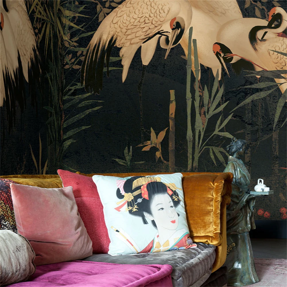 custom floral wallpaper ancient crane bamboo Red-crowned crane wallpaper living room bedroom sofa background Song's aesthetic