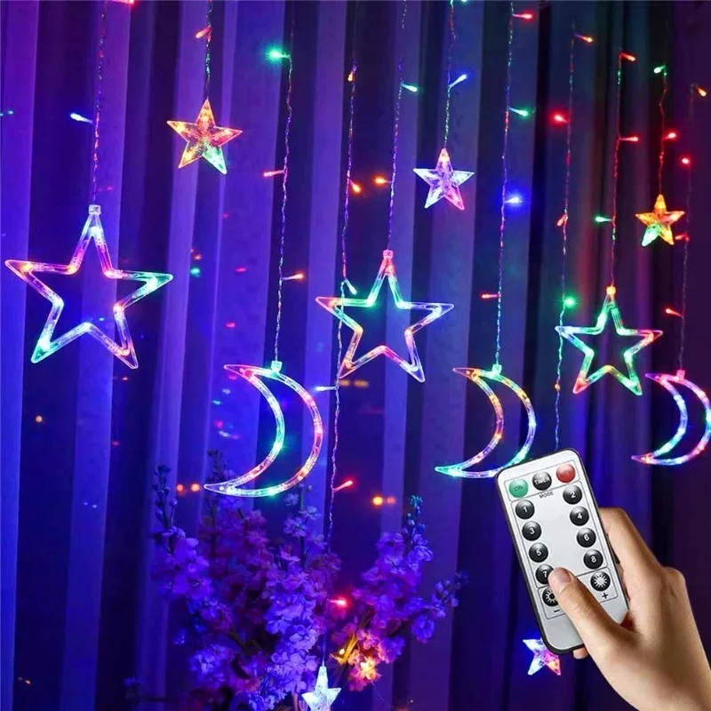 

Светодиодный светильник для штор со звездой и луной с дистанционным управлением, 8 режимов, декоративный светильник с луной и звездой для дома, спальни (110-240 В)