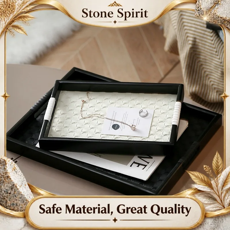 AhunderJiaz Vintage Leather Wooden Tray Aromatherapy Storage Trays for Living Room and Entryway Desktop Art Home Decoration