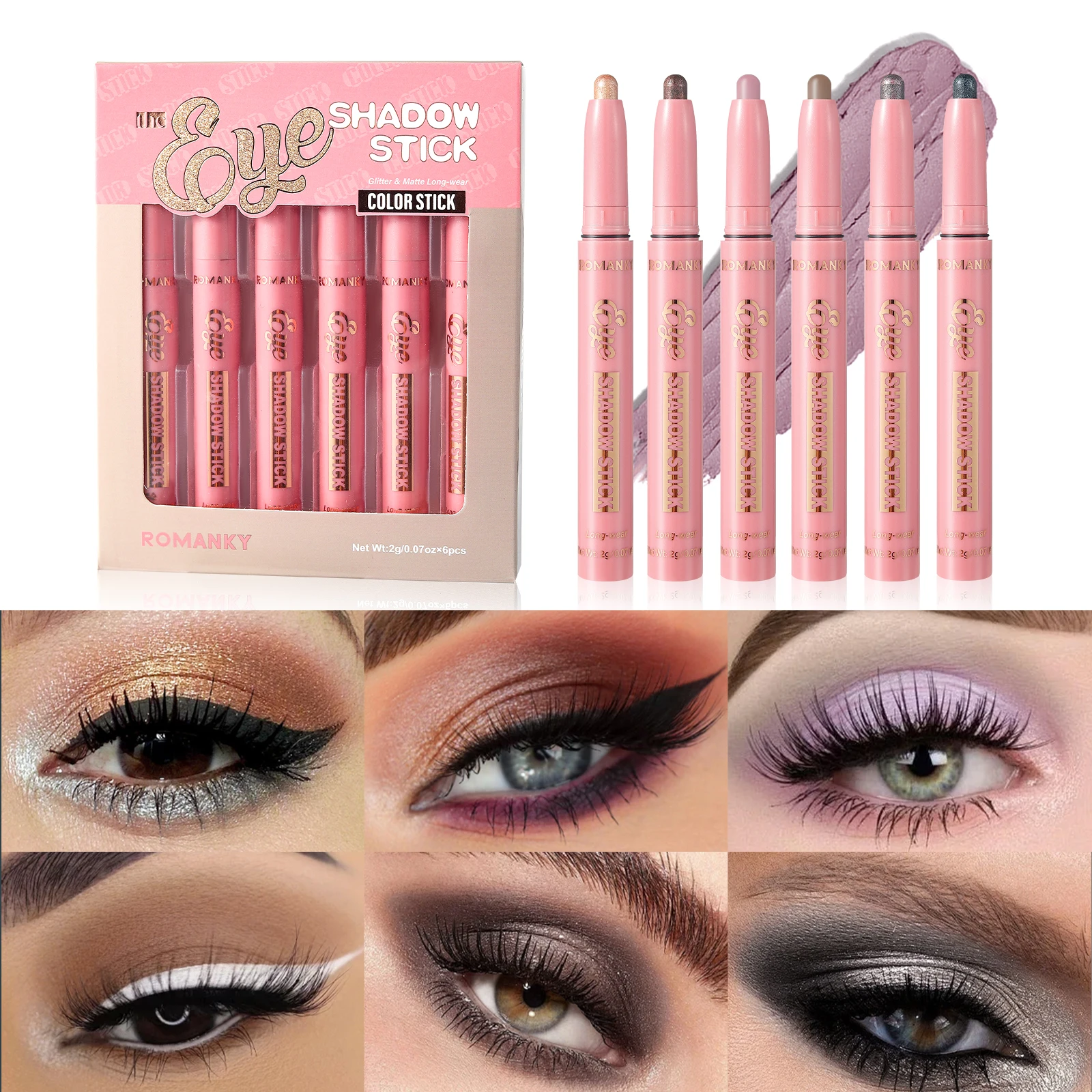 マット効果アイシャドウスティックセット,長持ち,多目的,光沢,金属,シャマー,強調表示,6個