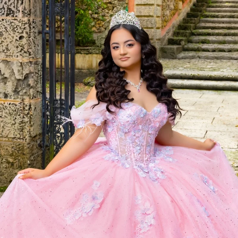 

Shiny Pink Quinceanera Dress Lace glitter Decal 3D flower Long tail Bow Vestidos De 15 Quinceanera ﻿Customize