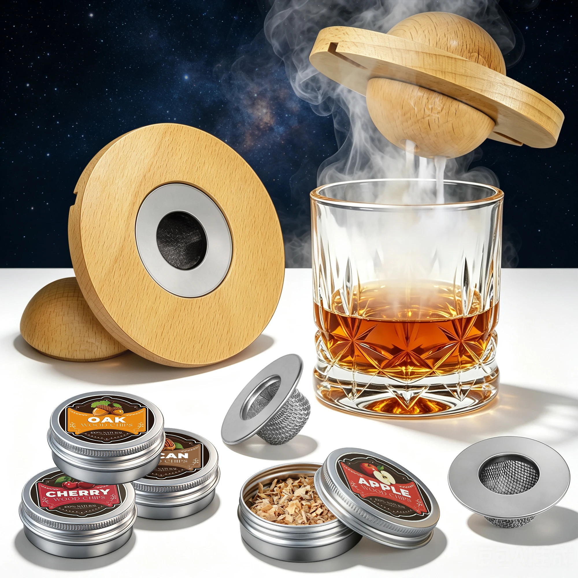 Kit per affumicare il whisky con 2 filtri in acciaio inossidabile, 4 tipi di trucioli di legno per diversi aromi, kit per preparare cocktail in stile 