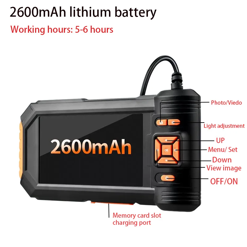 5-inch 720p HD display, compatible with various USB 3-in-1 endoscope cameras, 2600mm large capacity, 5-6 hours battery life.