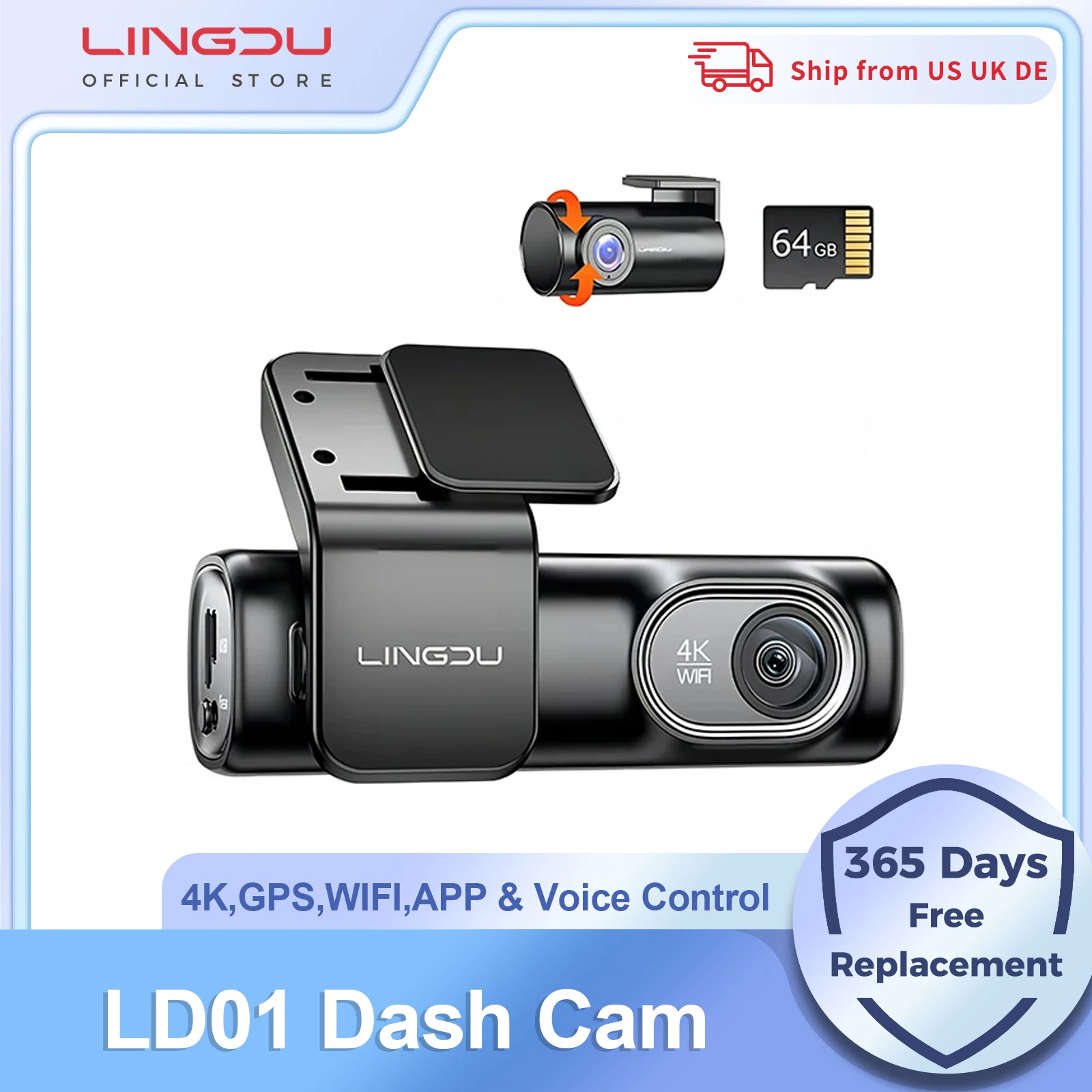 LINGDU LD01 Dash Cam 4K Front 1080P Rear Camera 5.8Gh WiFi Built-in GPS Smart Voice Control 24H Parking Monitor Night Vision