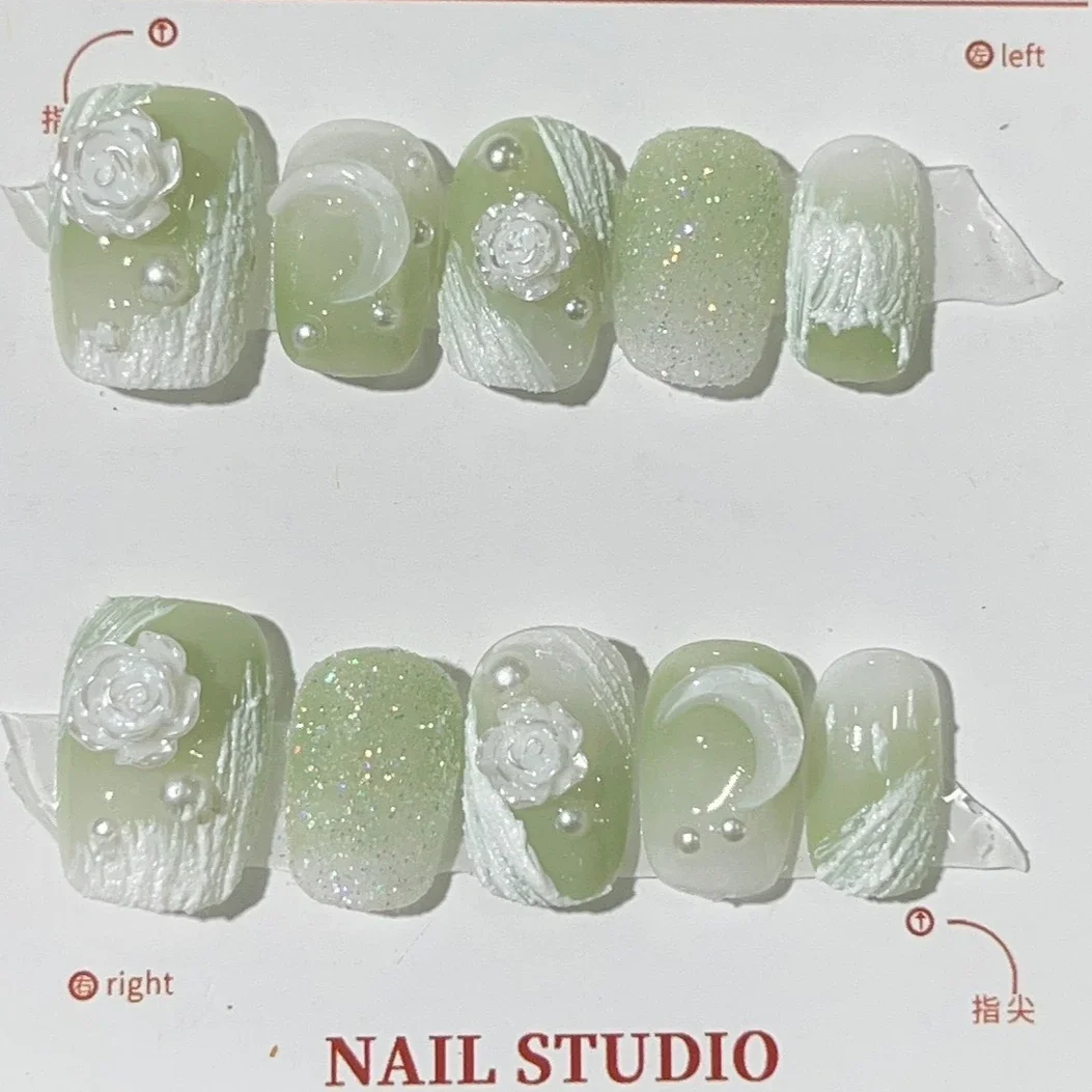 10Pcs Short Handmade Press on Nails Full Cover Green Camellia Artificial Fake Nails French Ballerina Wearable Manicure Nail Tips