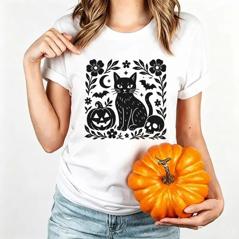 Black Cat Halloween Print Women Funny Tee Season Pumpkin Tee Floral Black Cat Spooky Cute Women Casual Daily Halloween Party Tee