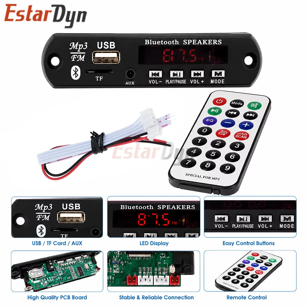Estardyn Bluetooth 5.0 MP3 Decoder Board 12V Audio Module USB TF AUX FM Radio for DIY Audio System