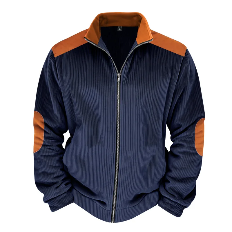 Herren Stehkragen Cordjacke, Farbblock-Design, Reißverschluss-Mantel, Retro, Locker Geschnitten, Lässig, Langarm, Herbst-Winter, Alltag, Streetwear – Detail 13