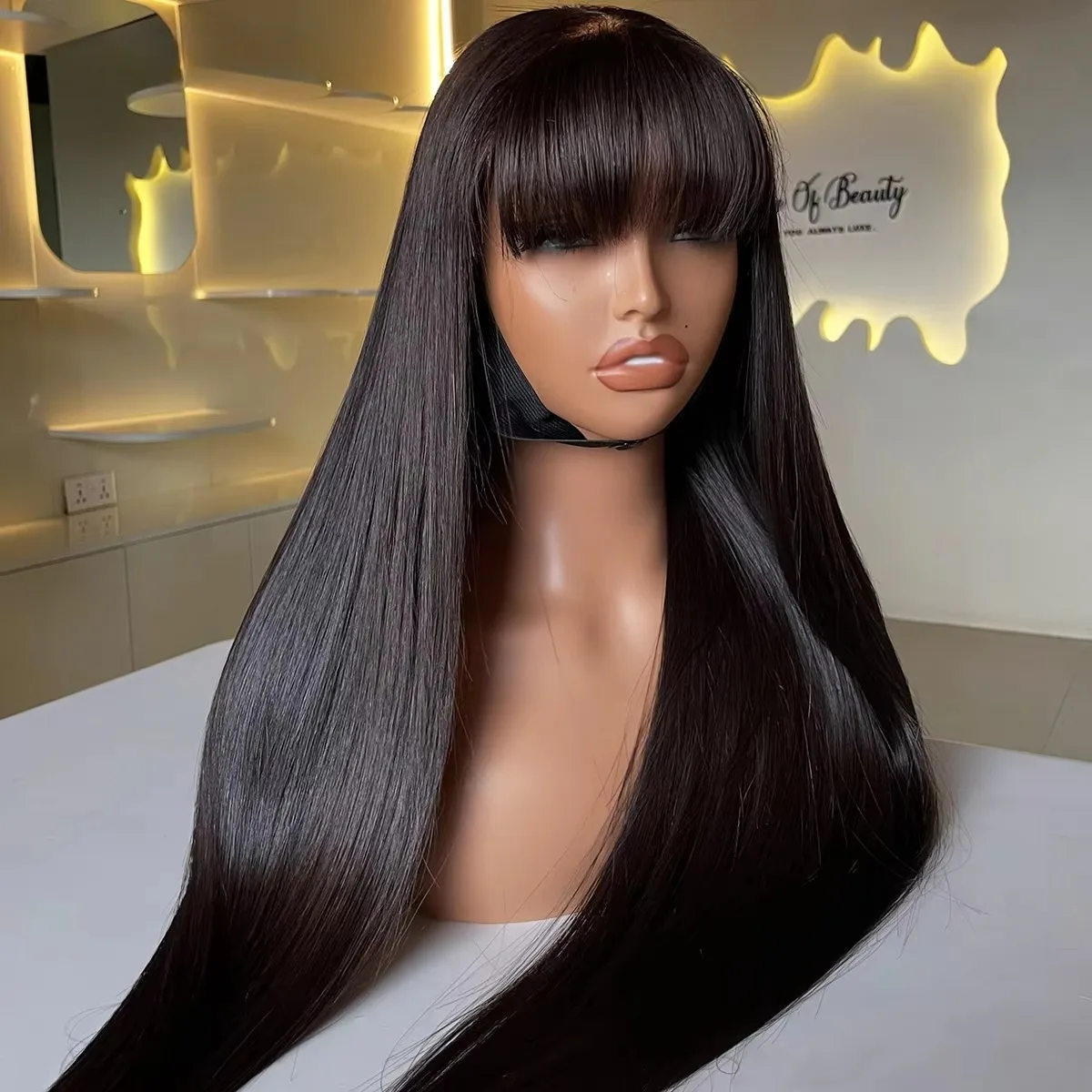 Natural Black Bone Straight Wig with Bangs 13X4 Synthetic Lace Frontal  Fringe Wig Ready to Wear Glueless Wig for Black Woman