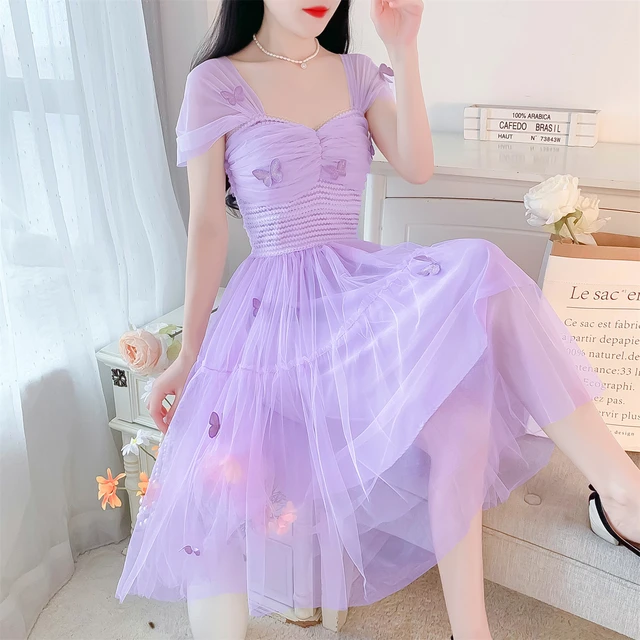 Mesh Dress Women Korean 3D Butterfly Sweet Elegant Trendy Leisure Girls  Summer Square Collar Holiday Chic Princess Party Vestido - AliExpress