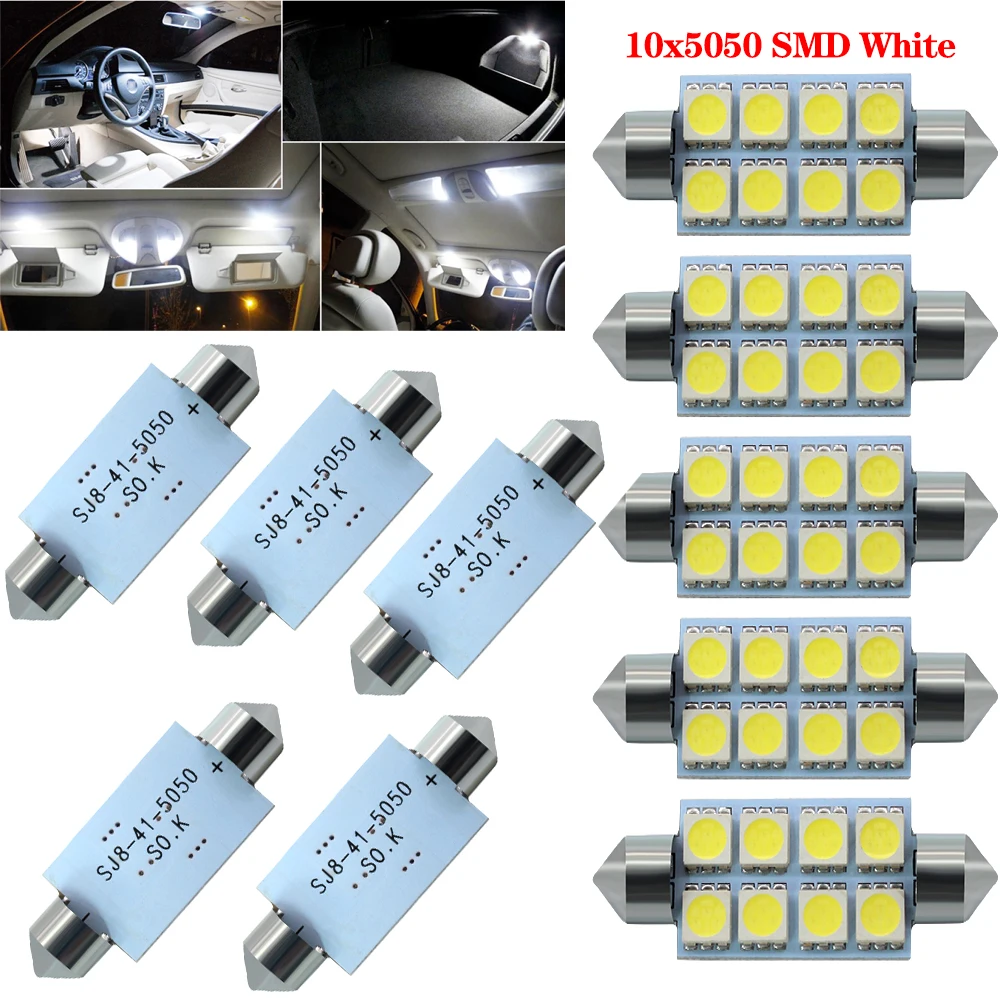 

10x41 мм 5050 Чип-светильник для чтения 10SMD/8SMD Светодиодный светильник для внутреннего освещения Потолочный светильник Двусторонняя лампа для багажника 6000 К Ярко-белый 44 мм.