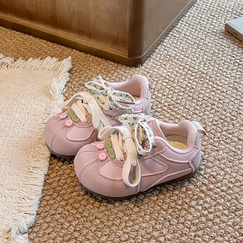Toddler Girls Floral Bow Sneakers Magic‑Tape Fake Lace‑Up Soft Rubber Sole Casual Walking Shoes
