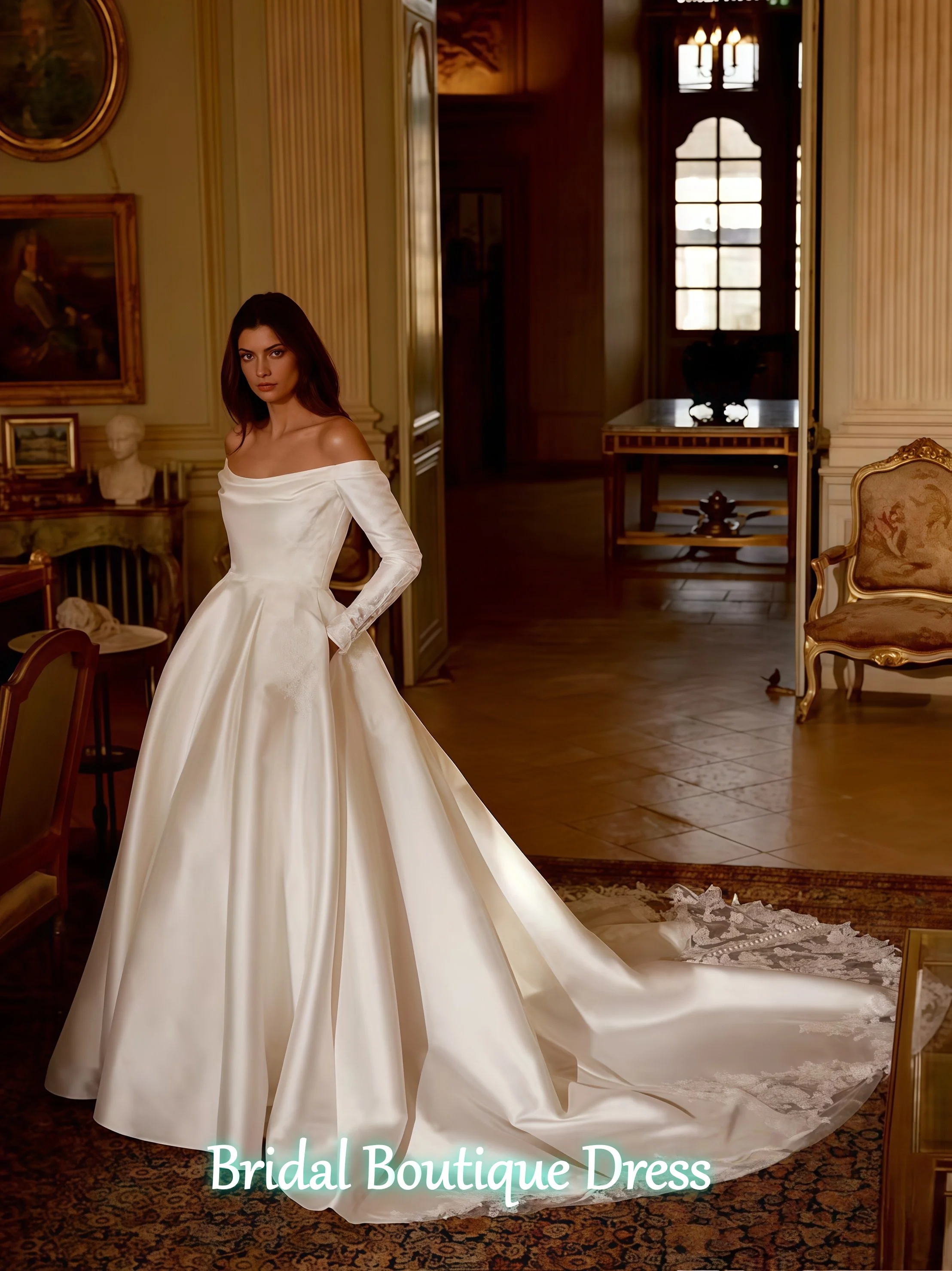 

Customized Elegance Long Sleeve Off-The-Shoulder Wedding Dress 2026 Lace Appliques Train Satin Bride Dress Vestidos De Novia